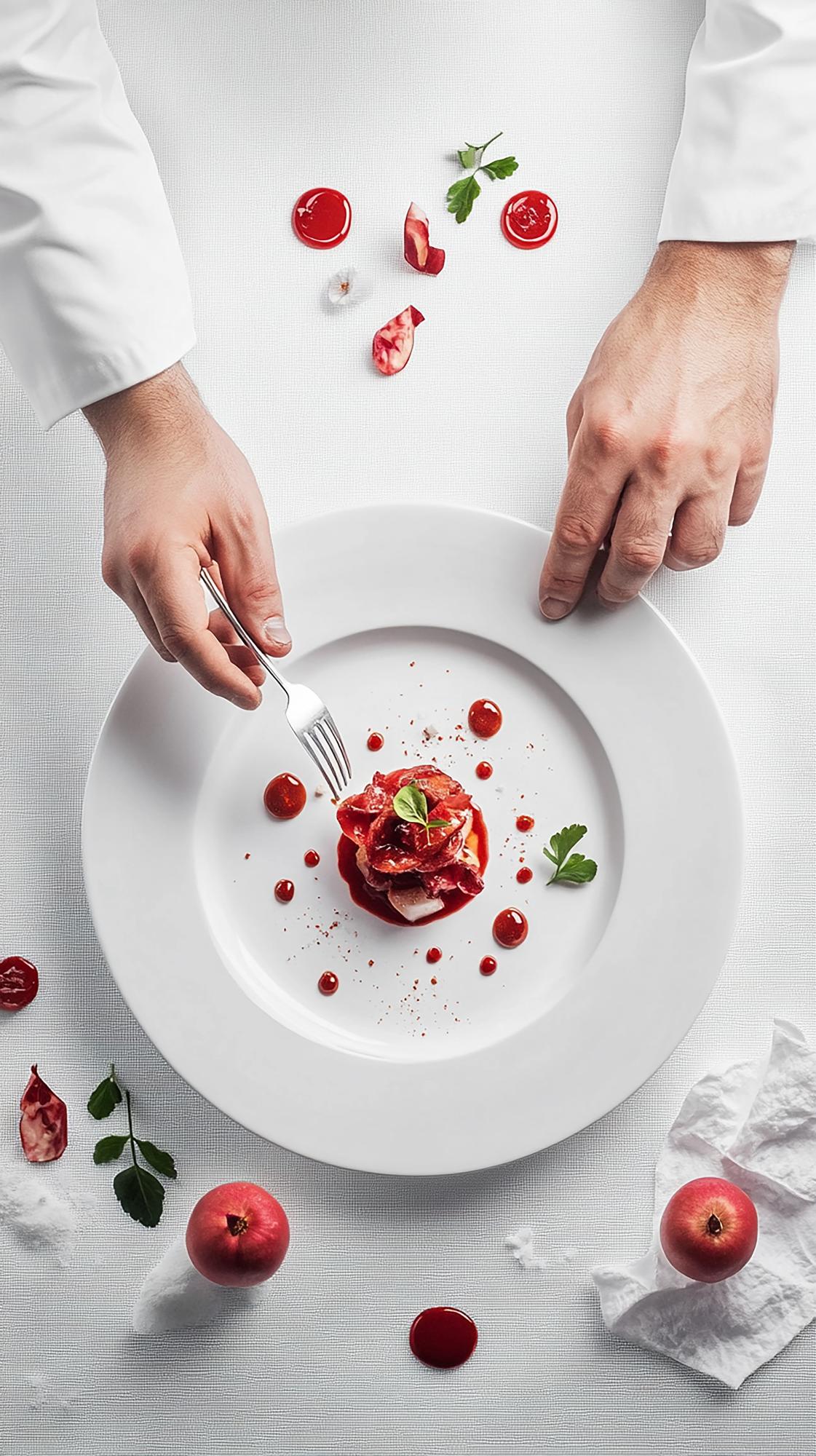 chef plating a modern dish on dark surface